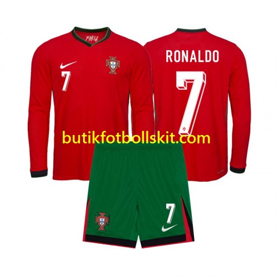Portugal Ronaldo 7 Barn Hemma Matchtröja Euro 2024 Långärmad