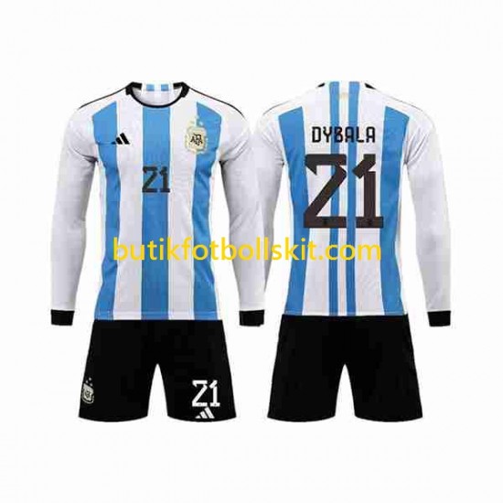 Argentina 3 Stars Paulo Dybala 21 Barn Hemma Matchtröja World Cup 2022 Långärmad