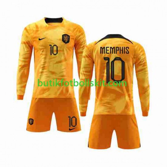 Nederländerna Memphis 10 Barn Hemma Matchtröja World Cup 2022 Långärmad