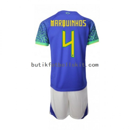 Brasilien Marquinhos 4 Barn Borta Matchtröja World Cup 2022 Kortärmad